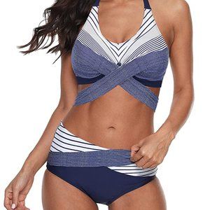 Sz XL 2 Piece High Waisted Halter Bikini Top Criss Cross Bathing Suit X002FYDM91